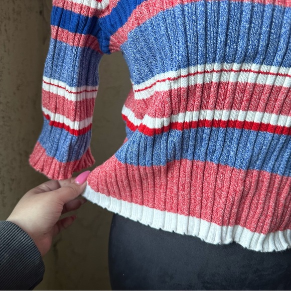 🦋 H&M Striped Red, White & Blue Crew Neck Fitted 3/4 Sleeve Cropped Sweater - Picture 5 of 10